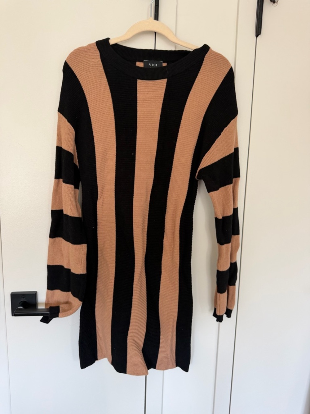 Vici Black and Tan Vertical Stripe Ribbed Sweater Dress